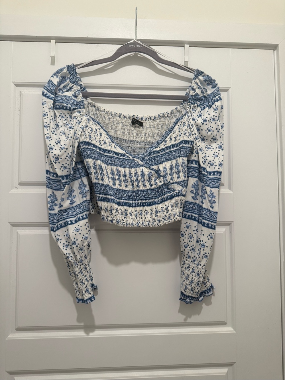 Zara Blue and White Smocked Floral Crop Top with Puff Sleeves